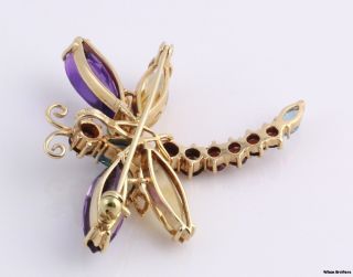 12.28ctw Gemstone Dragonfly Brooch Pendant   14k Yellow Gold Insect