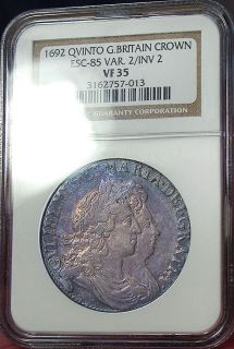 1692 Over Inv 2 Qvinto Great Britain NGC VF35 William Mary Crown ESC