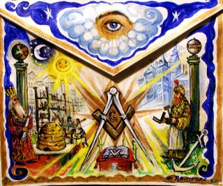Painted Symbolic Masonic Apron by Artist ARI Roussimoff