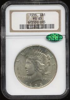 1935 silver $ 1 ngc ms 65 cac peace dollar