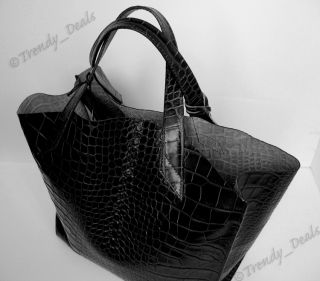 Furla Croco Embossed Leather Jucca Tote Hobo Bag Handbag Black Large