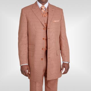 Mens 3 Piece 4 Button Fancy Polyester Suit with Vest Peach Color 9515