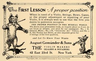 1911 Ad Cat Violinists August Gemunder Sons Violin Original