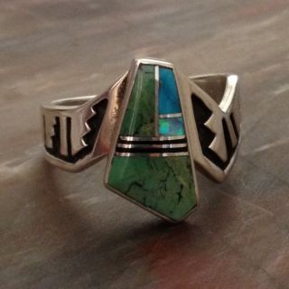 Amazing Navajo Sterling & Turquoise Multistone Inlayed Ring Size 9.5