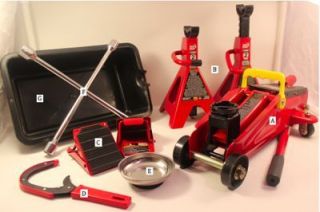  One Floor Jack and Two Jack Stands with 6 PC Garage Accessories