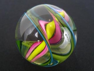Geoff Beetem Signed Art Glass Hand Made 1 3 8 Ribbon Swirl Marble MINT