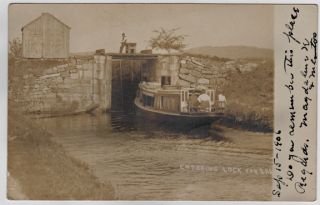 1906 RPPC Boat Entering Lock at Lake Hopatcong NJ New Jersey Stanhope