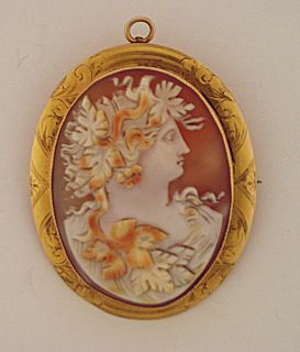 Vintage Antique 10K Yellow Gold Shell Cameo Brooch Pin Pendant