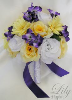 17pcs Wedding Bridal Round Bouquet Gerbera Daisy Purple