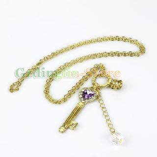 Womens Fashion Pendant Key Crown Heart Purple Crystal Gold Necklace