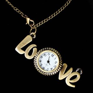 Gold Antique Finish Quartz Movement Clock Love Metal Pendant Necklace