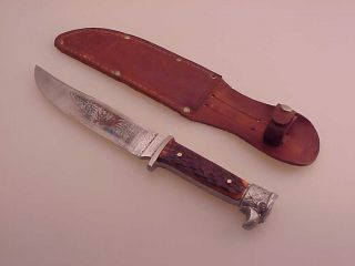  Germany Pic Eagle Head Stag Etched Hunting Bowie Knife w Sheath