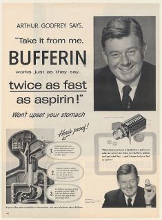 1954 Arthur Godfrey Bufferin Works Twice as Fast as Aspirin Print Ad