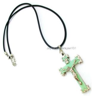 Mens Cross Necklace Cord Green Glow in Dark Pendent Surfer Fashion