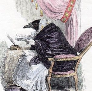 1842 Grandville Madam Crow Reading Letters Bird Hand Colored Engraving