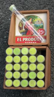 EL PRODUCTO QUEENS Cigar Box Glass Tubes 25 Vintage Wood Hinged Lid