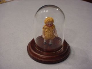  German Bisque Porcelain Doll w/ Miniature Glass Dome Wood Display Case