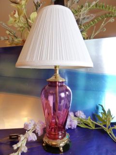 Vintage Cranberry Glass Lamp with Brass Base and Shade Gorgeous Must