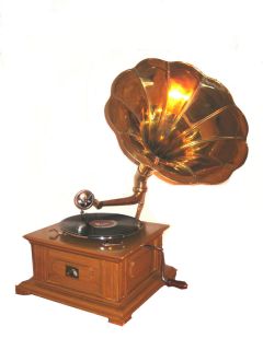 Replica RCA Victor Phonograph Gramophone with Large Gold Brass Horn