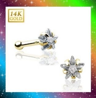 14k Solid Yellow Gold Nose Stud Ring 3mm Clear CZ Star Prong Set