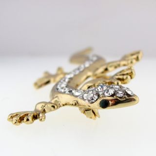 Gold Plated Rhinestone Lizard Lapel Pin Brooch