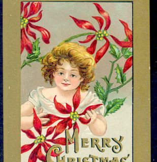 HBG (GRIGGS)PRETTY GIRL WITH CHRISTMAS POINSETTIA FLOWERS, VINTAGE