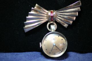 Vintage 1930s Gotham Brooch Pin Watch Red Gem Bow Pin Running 7 Jewels