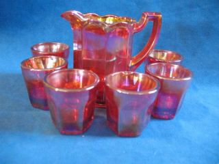 Red Carnival Glass Miniature Pitcher and 6