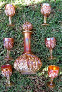 Imperial OCTAGON Marigold Wine Decanter + 6 Wines Set*1920s carnival