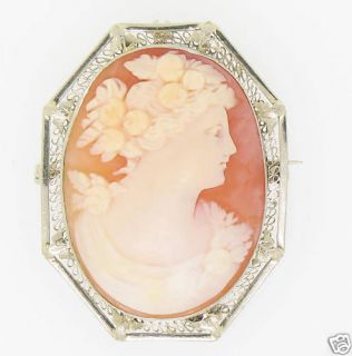Vintage 14k White Gold Open Work Cameo Brooch Pendant