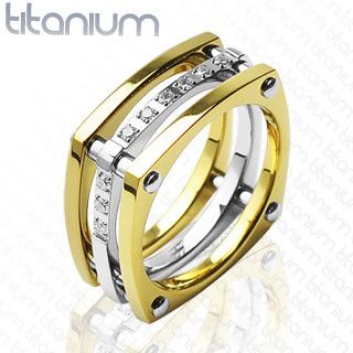 Solid Titanium Gold IP Ring Squared Bolt Gems Size 9 10 11 12 13 14