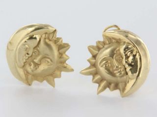  14k Yellow Gold Moon Sun Face Earrings Celestial Jewelry Vintage Used