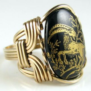 Capricorn Zodiac Sign Glass Cameo Ring 14k Rolled Gold Jewelry The