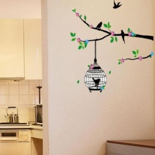 Tree Green Pink Bird Cage Removable Wall Decals Vinyl Decor Sticker