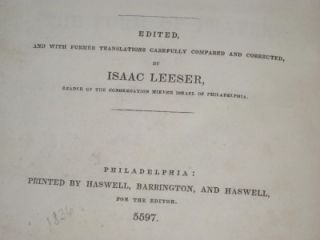 1837 1st Edi Isaac Leeser Form of Prayers Spanish Portuguese Jews Very