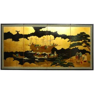Oriental Furniture 36 Dragon Boat on Gold Leaf Silk Screen with