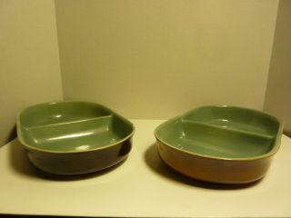 Vintage Red Wing Village Green Pottery Diveded Dishes Set of 2