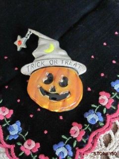 Vtg Signed Halloween Trick or Treat Pumpkin Pin Brooch