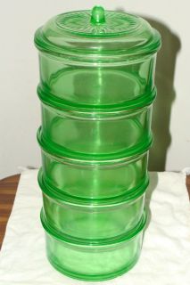 Hazel Atlas Green Depression Glass Stacking Jars Refrigerator Dishes w