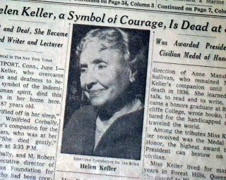 Helen Keller Deaf Blind Author Womens Suffrage Activist Death 1968