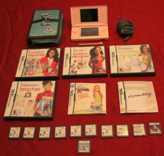 Nintendo DS Lite Coral Pink System 11 games charger Nintendogs Case