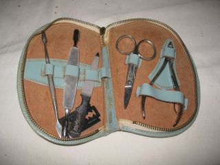 Vintage Griffin Manicure Set in Leather Zip Case Aqua Made in Austria