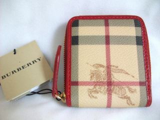 Burberry Haymarket Military Red Tan Check Zip Coin Purse Wallet