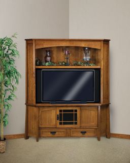 Amish Corner Entertainment Center Solid Oak Wood Media Hutch Cabinet