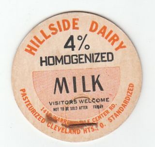  Cardboard Milk Bottle Cap Unused Hillside Dairy Cleveland Hts Ohio