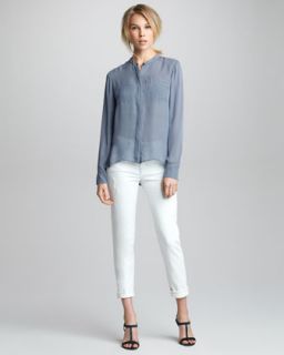 Vince Printed Sheer Silk Top & Cuffed Relaxed Jeans   Neiman Marcus