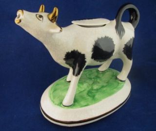 Antique Victorian Staffordshire Black White Frisian Cow Creamer Gilded