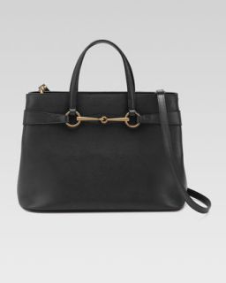 V1H36 Gucci Bright Bit Medium Leather Tote Bag, Black
