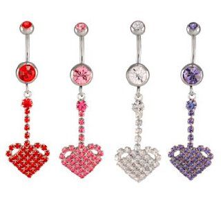Clear Jeweled Heart Dangles Belly Ring   14g (1.6mm), 3/8