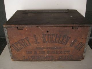  antique primitive liquor advertising box henry j koellen lawrence mass